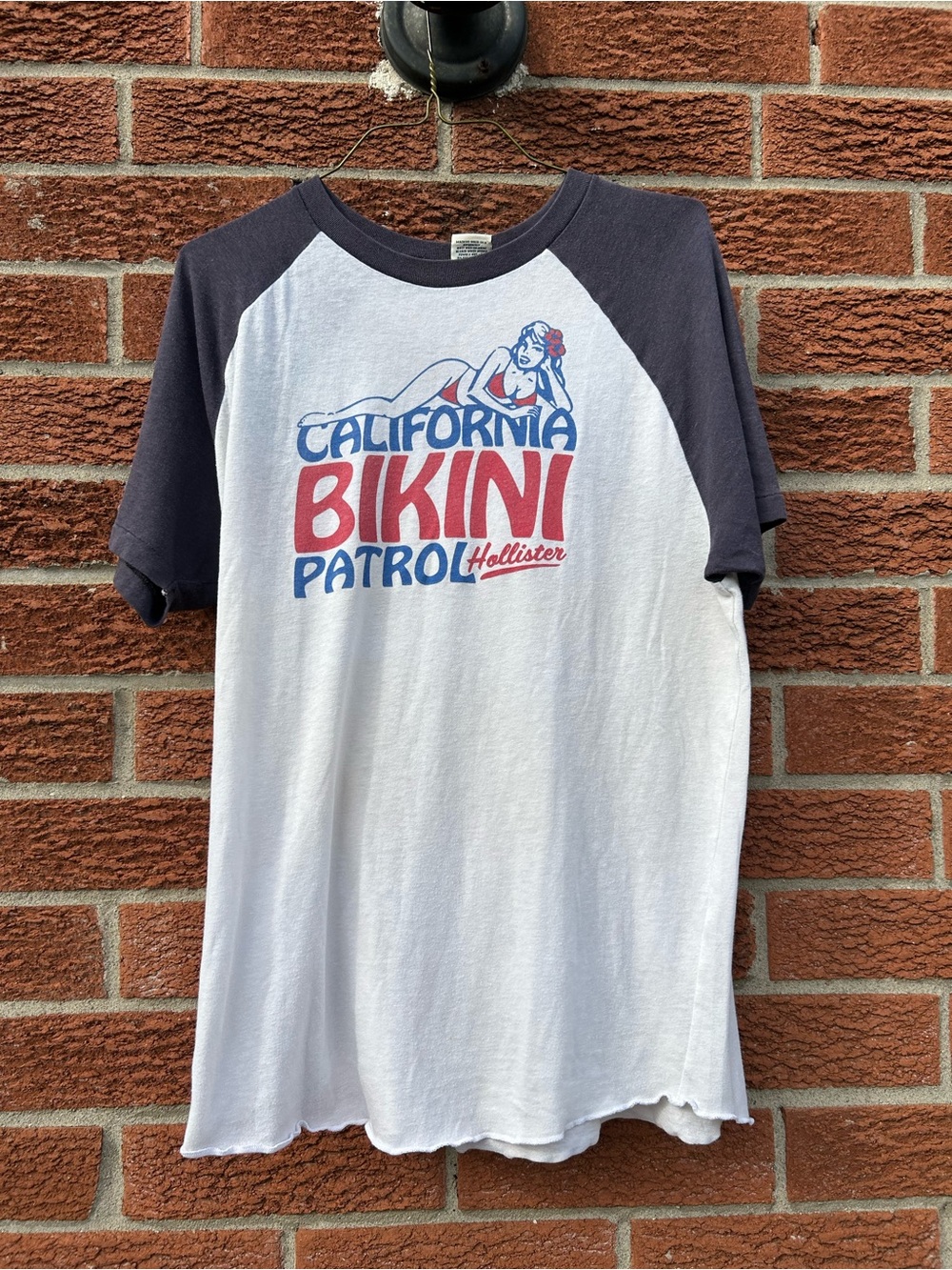 Vintage Hollister White & Navy Raglan 'California Bikini Patrol' Tee